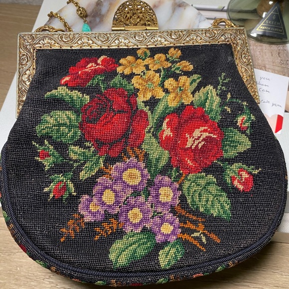 Vintage Tapestry Embroidered Petit Point Floral Evening Bag Purse w/ Gemstones - Picture 5 of 7